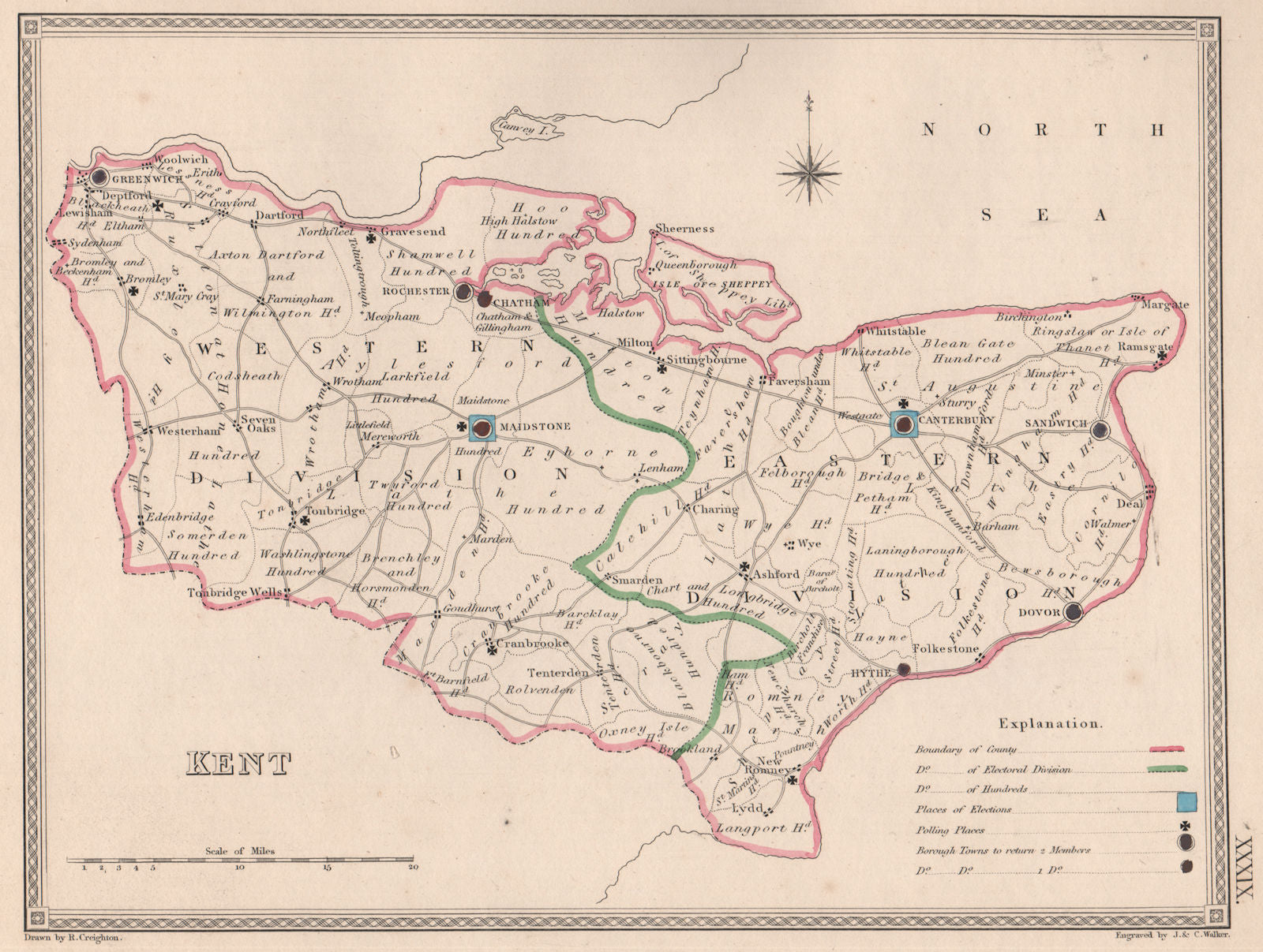 KENT antique county map by CREIGHTON/WALKER. Electoral 1835 old